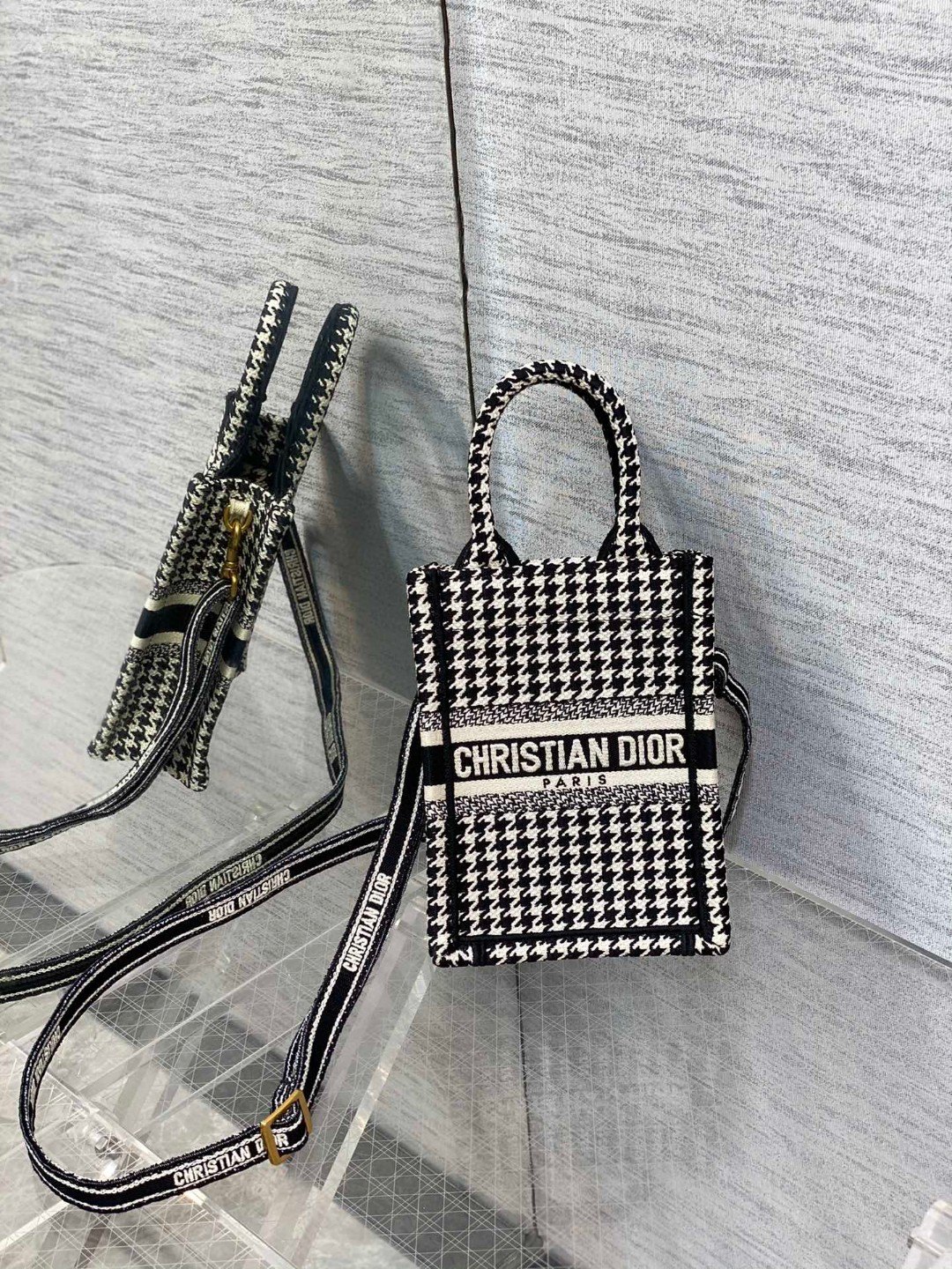 DIOR Tote 千鸟格 竖版 mini 刺绣 字母 可调节肩带