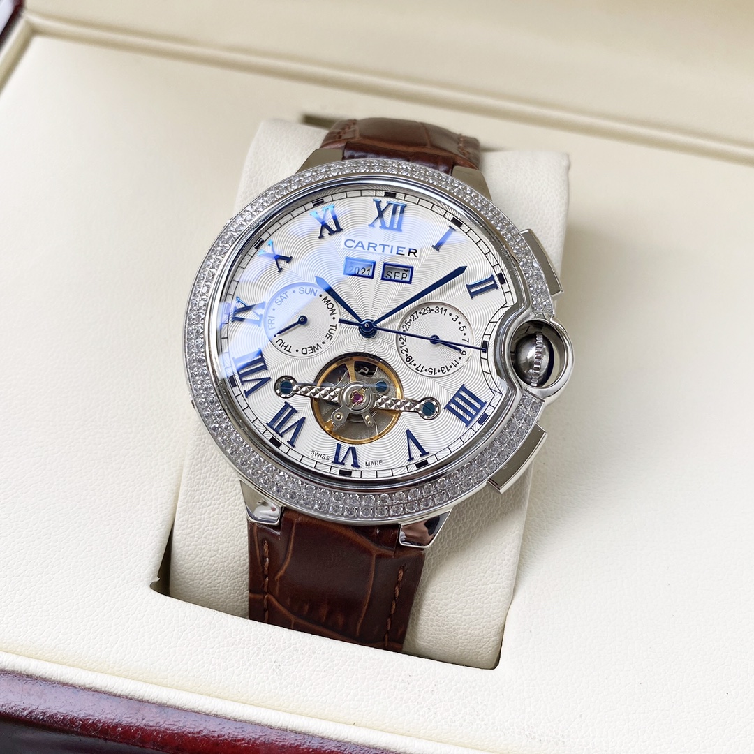 NO:393965,White shell, rose gold. [New style, classic hot sale] Cartier-Cartier men's watch, fully automatic mechanical movement, mineral reinforced glass, 316L stainless steel case, leather strap, fashion and casual, business must-have Size: diameter 44mm, thickness 12mm,, cartier, cartier19860909白壳,玫瑰金.【全新风格 经典热卖】卡地亚-Cartier 男士腕表 全自动机械机芯 矿物强化玻璃 316L精钢表壳 真皮表带 时尚休闲 商务必备 尺寸:直径44mm 厚度12mm,,cartier,cartier,Watch