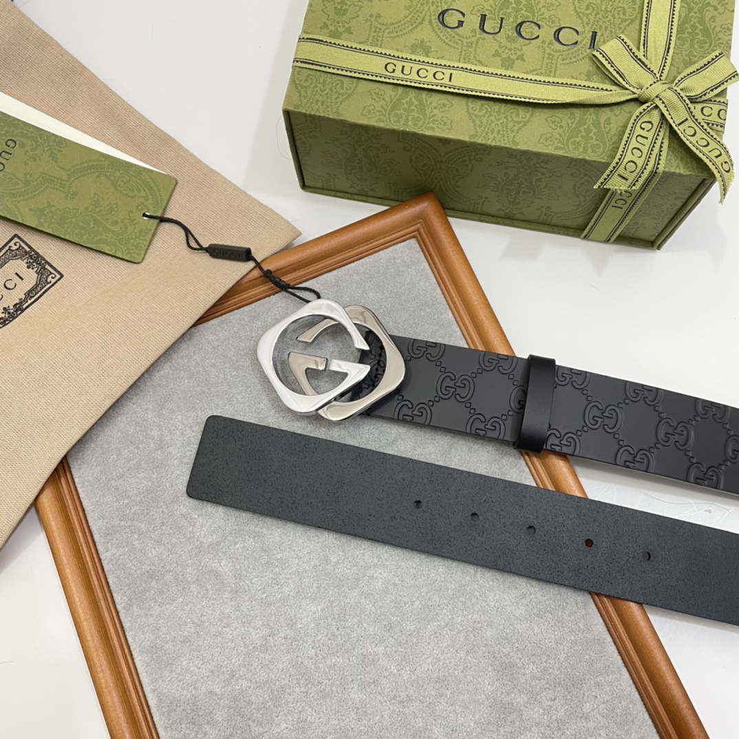 Gucci 纯原意大利进口树膏皮无夹层无贴面 一体成型 宽度4.0cm 菱形双G扣