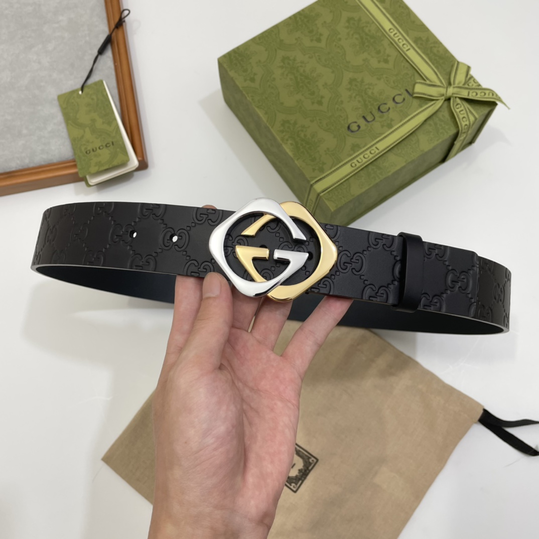 Gucci 纯原意大利进口树膏皮无夹层无贴面 一体成型 宽度4.0cm 菱形双G扣
