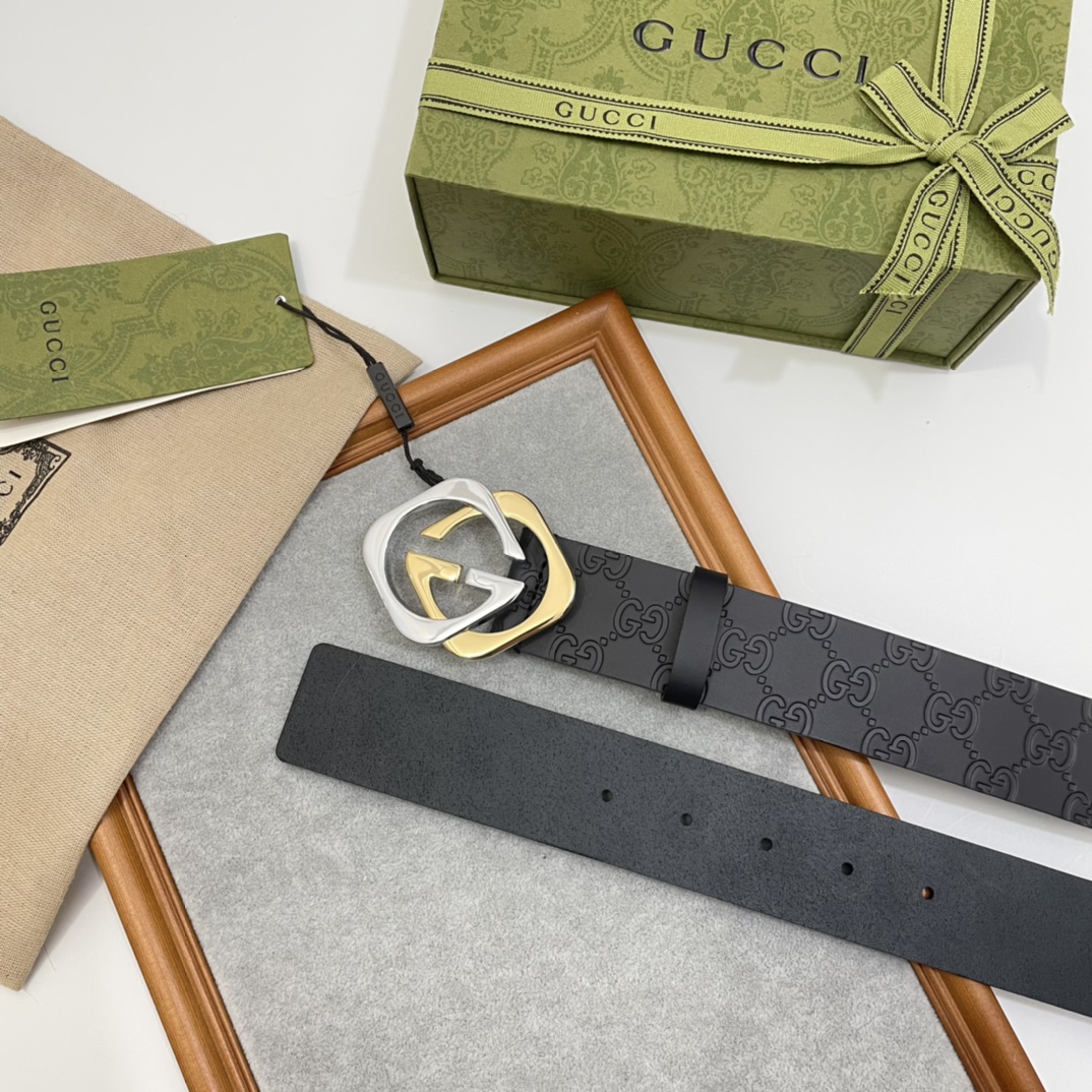 Gucci 纯原意大利进口树膏皮无夹层无贴面 一体成型 宽度4.0cm 菱形双G扣