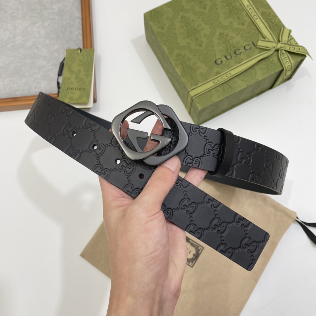 Gucci 纯原意大利进口树膏皮无夹层无贴面 一体成型 宽度4.0cm 菱形双G扣