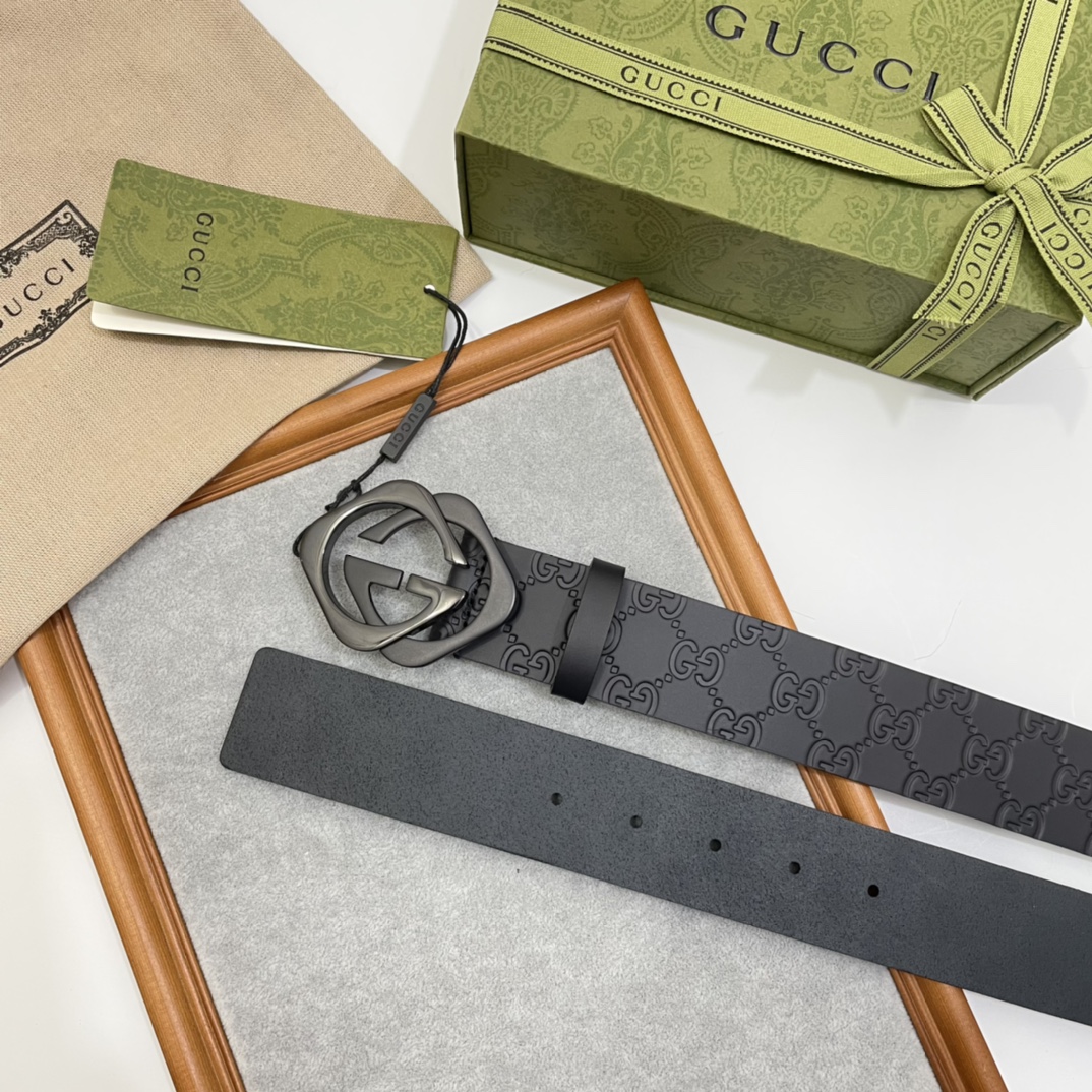 Gucci 纯原意大利进口树膏皮无夹层无贴面 一体成型 宽度4.0cm 菱形双G扣