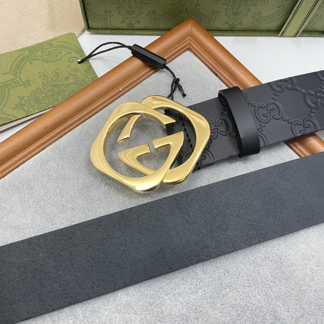 Gucci 纯原意大利进口树膏皮无夹层无贴面 一体成型 宽度4.0cm 菱形双G扣