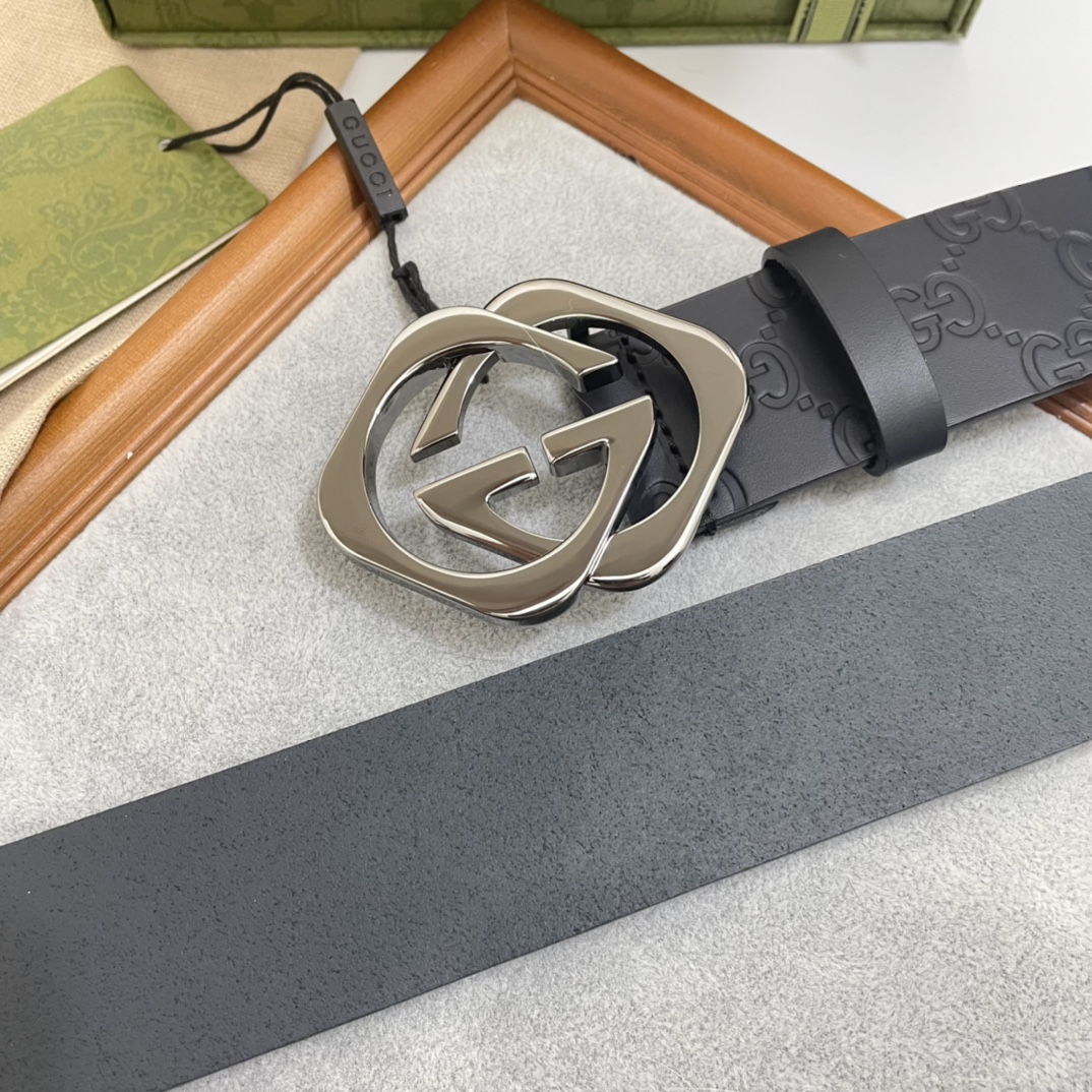 Gucci 纯原意大利进口树膏皮无夹层无贴面 一体成型 宽度4.0cm 菱形双G扣