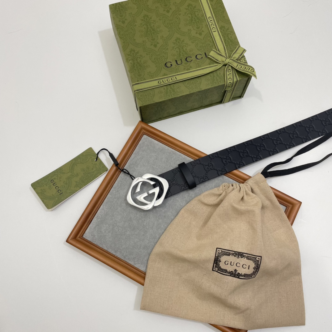 Gucci 纯原意大利进口树膏皮无夹层无贴面 一体成型 宽度4.0cm 菱形双G扣