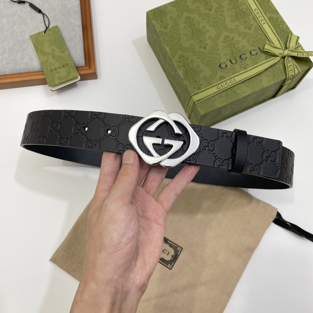 Gucci 纯原意大利进口树膏皮无夹层无贴面 一体成型 宽度4.0cm 菱形双G扣