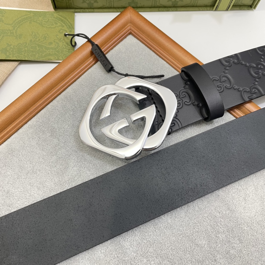 Gucci 纯原意大利进口树膏皮无夹层无贴面 一体成型 宽度4.0cm 菱形双G扣