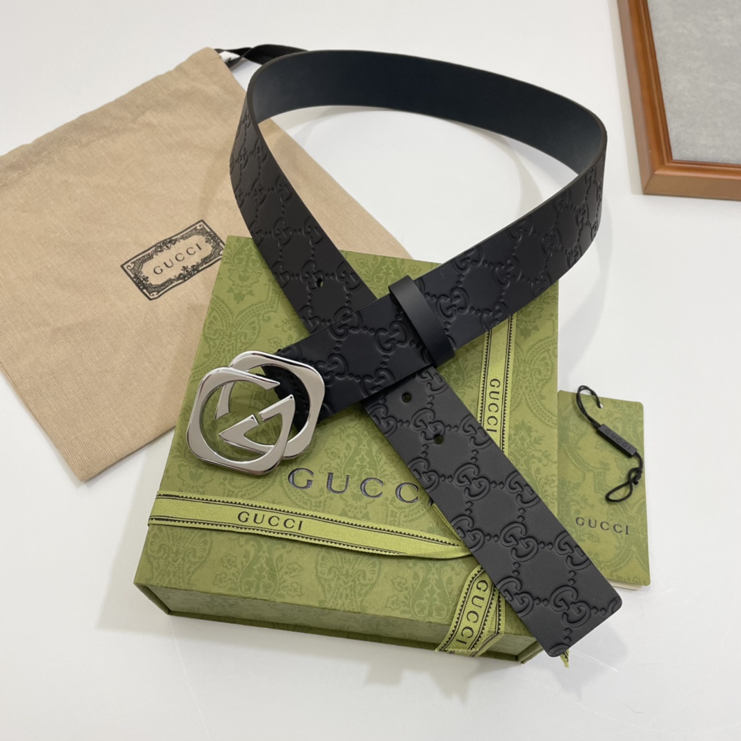 Gucci 纯原意大利进口树膏皮无夹层无贴面 一体成型 宽度4.0cm 菱形双G扣