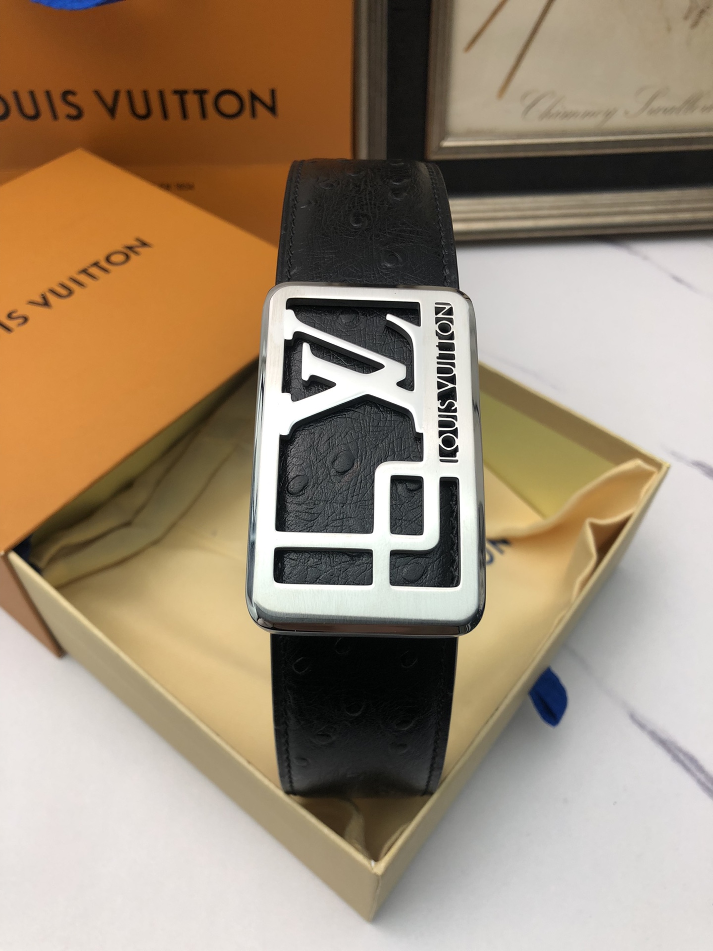 配全套包装礼盒LV原单头层牛皮驼鸟纹