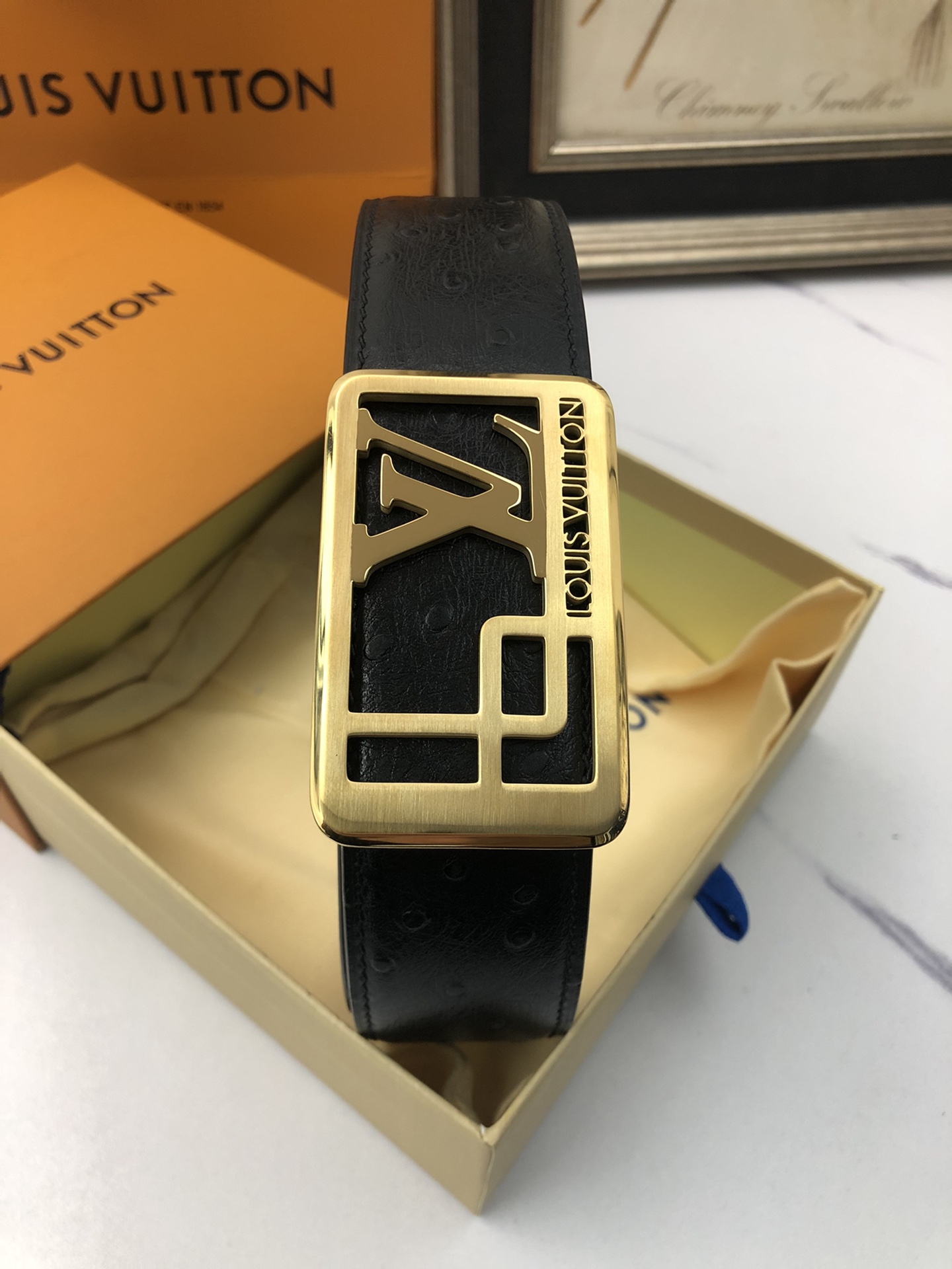 配全套包装礼盒LV原单头层牛皮驼鸟纹
