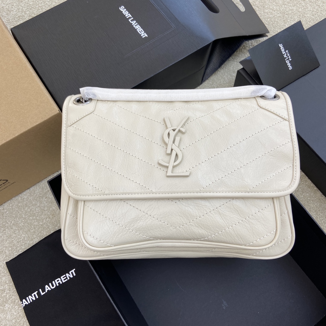 Saint Laurent 油腊奶白/古银 NIKI～28cm 爆裂纹 超多明星 同款