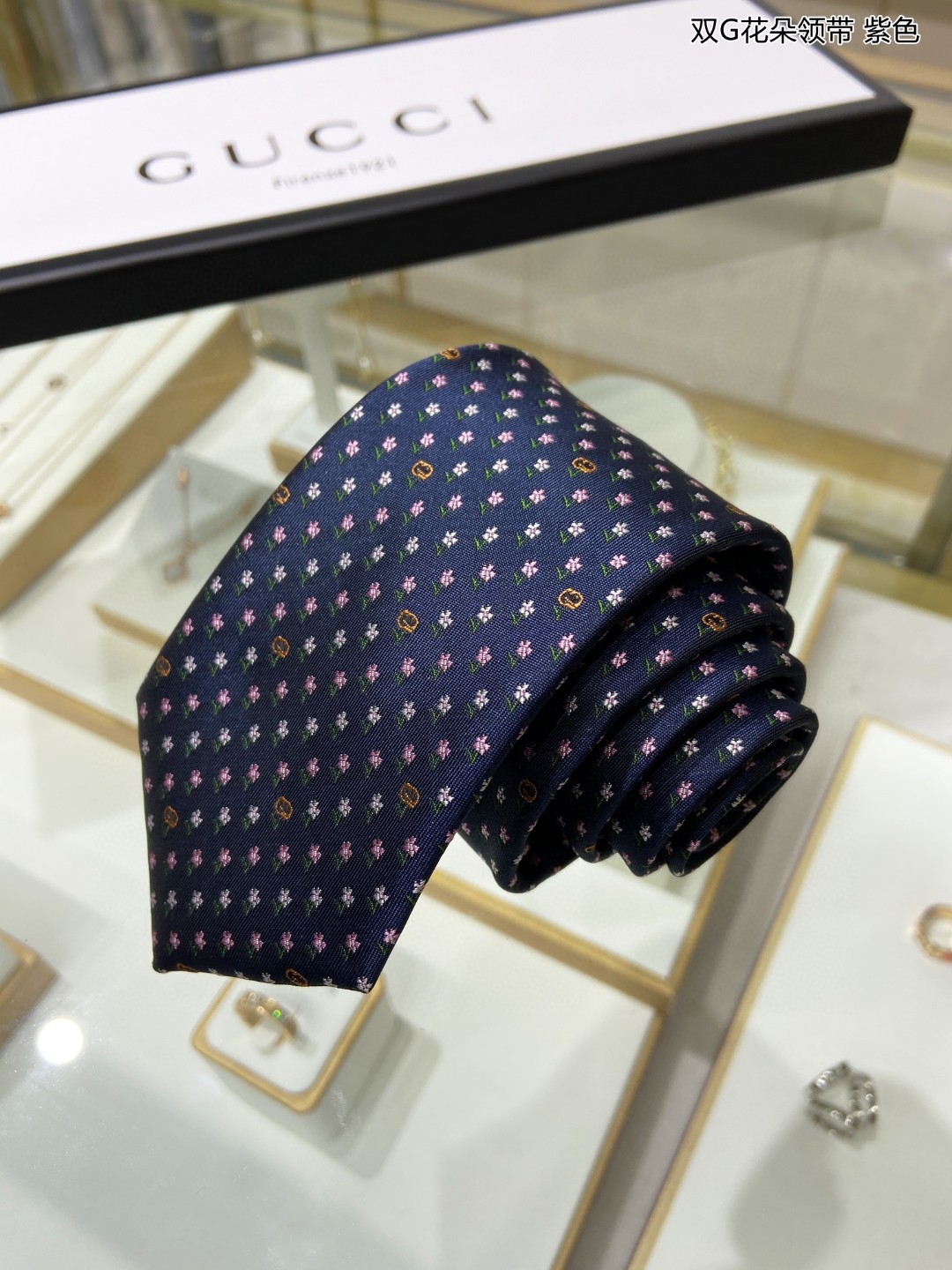 GUCCI古驰100%顶级提花真丝双G花朵领带