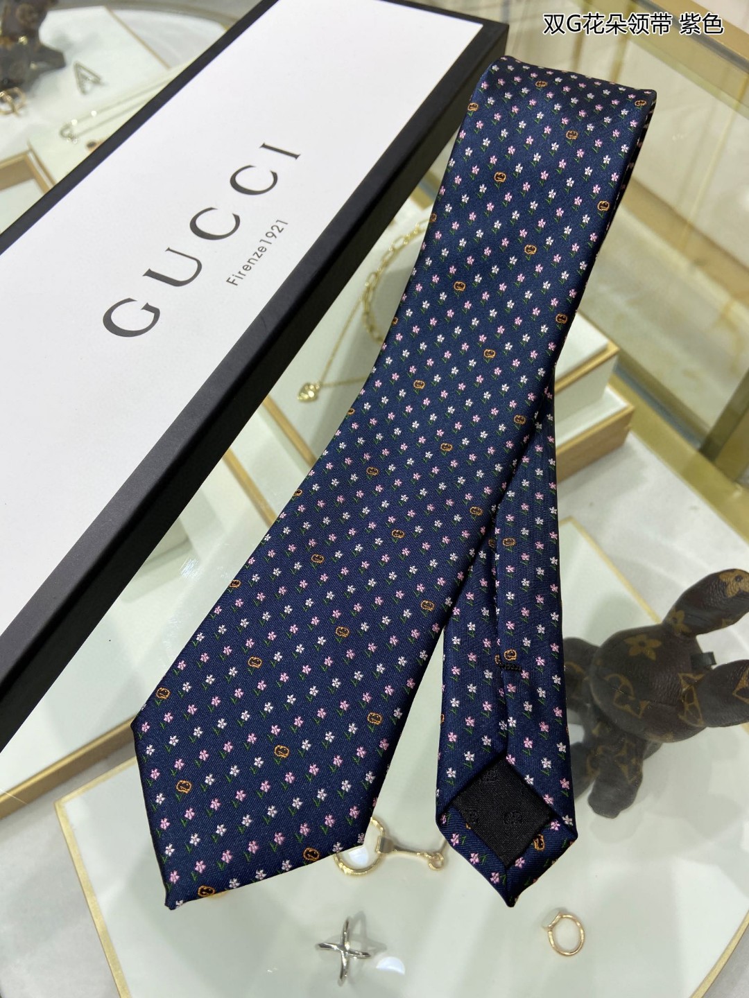 GUCCI古驰100%顶级提花真丝双G花朵领带