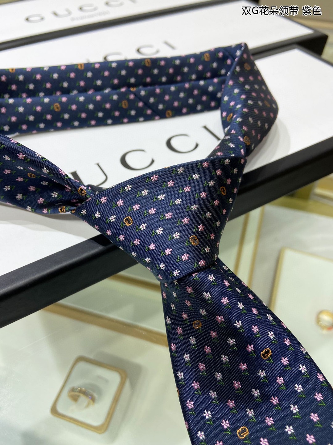 GUCCI古驰100%顶级提花真丝双G花朵领带