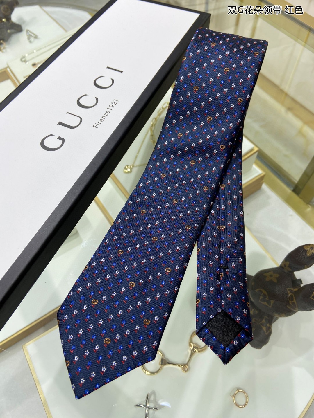 GUCCI古驰100%顶级提花真丝双G花朵领带