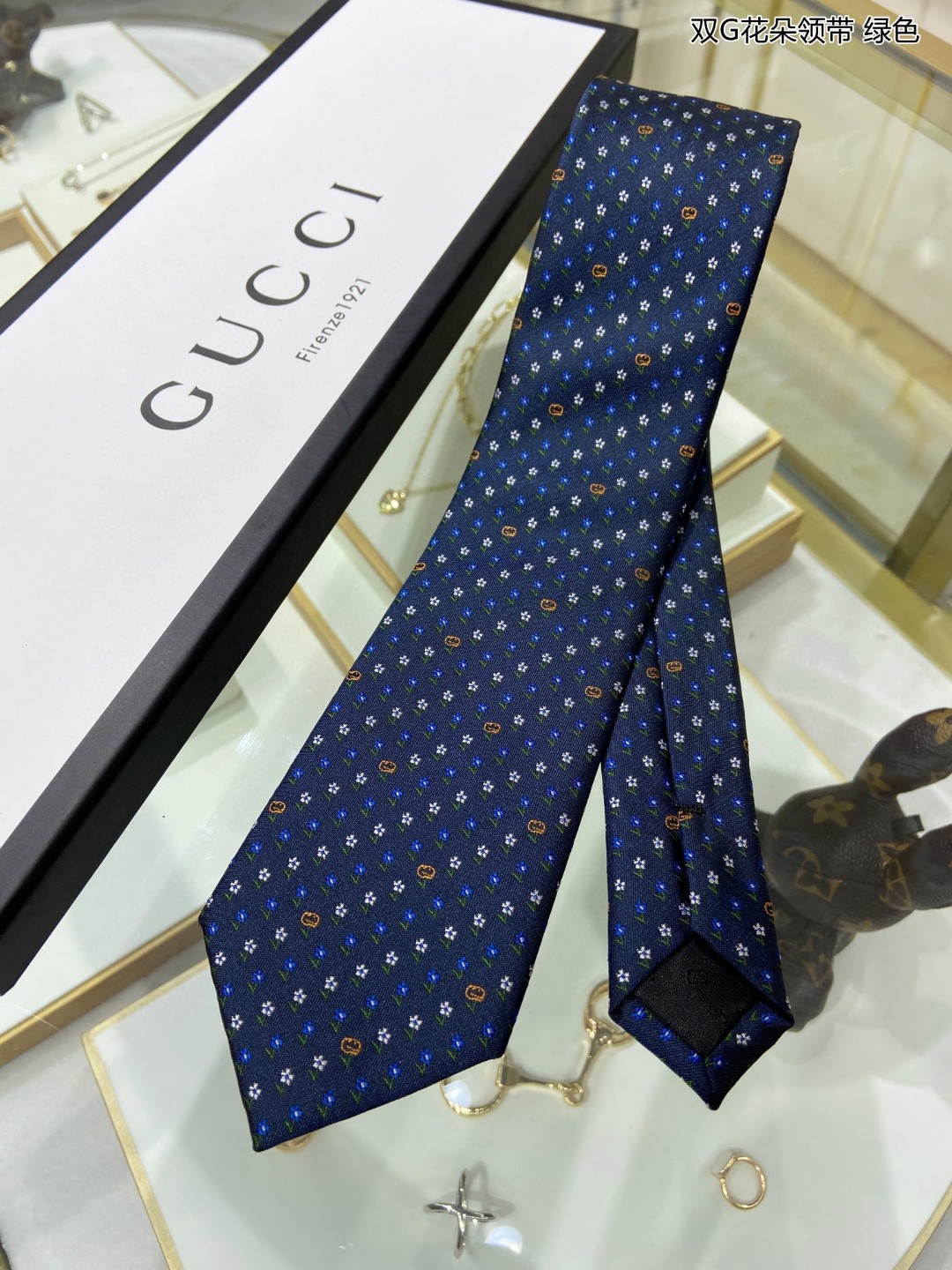 GUCCI古驰100%顶级提花真丝双G花朵领带