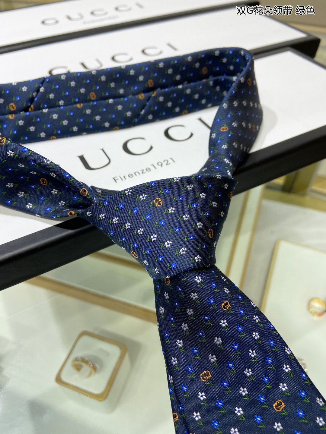 GUCCI古驰100%顶级提花真丝双G花朵领带