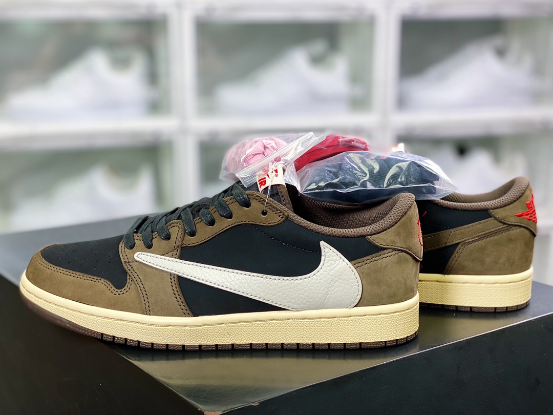 纯原版本 480 fragment design x Travis Scott x Air Jordan 1 Low OG SP”Military Blue”AJ1乔丹一代经典低帮文化百搭休闲运动篮球鞋“TS深棕倒钩”CQ4277-001