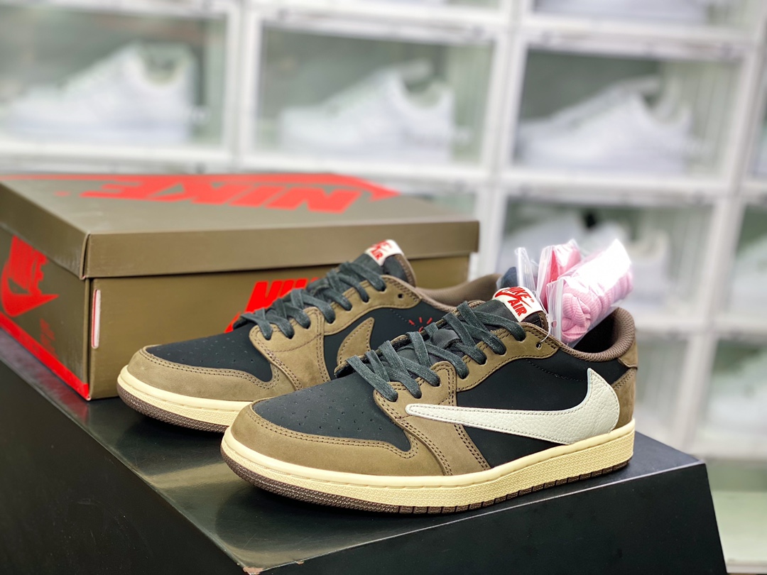 纯原版本 480 fragment design x Travis Scott x Air Jordan 1 Low OG SP”Military Blue”AJ1乔丹一代经典低帮文化百搭休闲运动篮球鞋“TS深棕倒钩”CQ4277-001