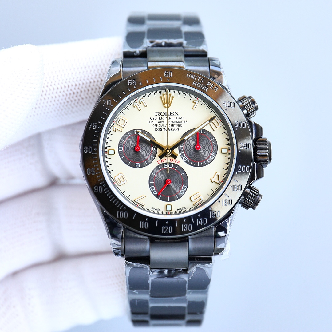 Rolex Daytona Montre Noir Genuine Leather Acier Bracelet en cuir