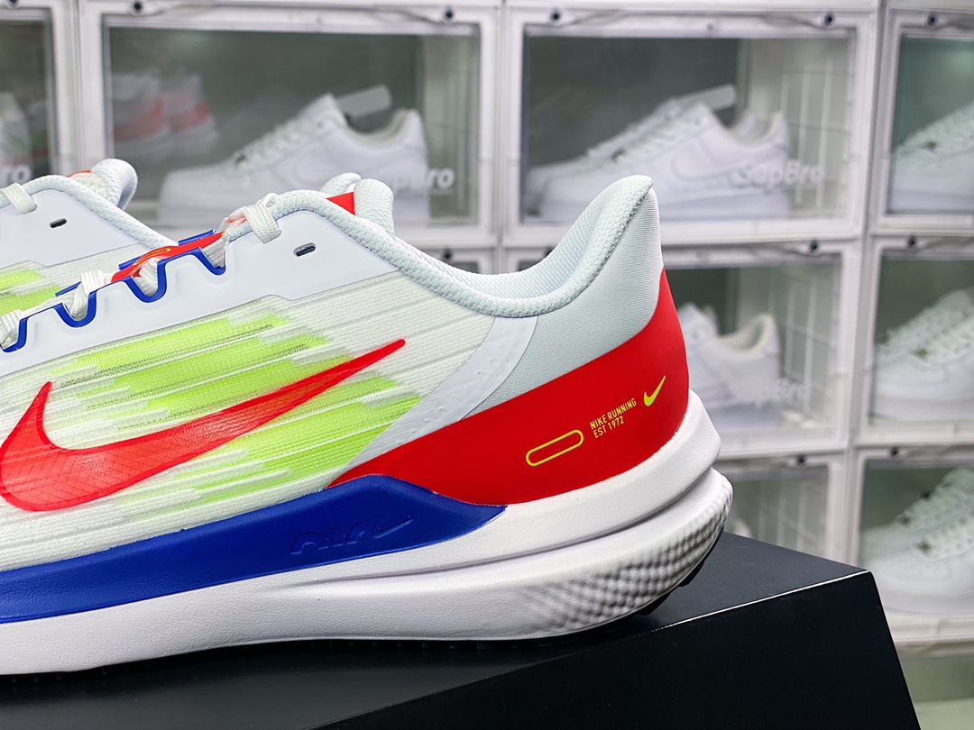 200 Air Winflo 9 温弗洛9代低帮贾卡面料轻盈透气休闲运动跑步鞋“网织白宝蓝荧光绿桃红”DX3355-100