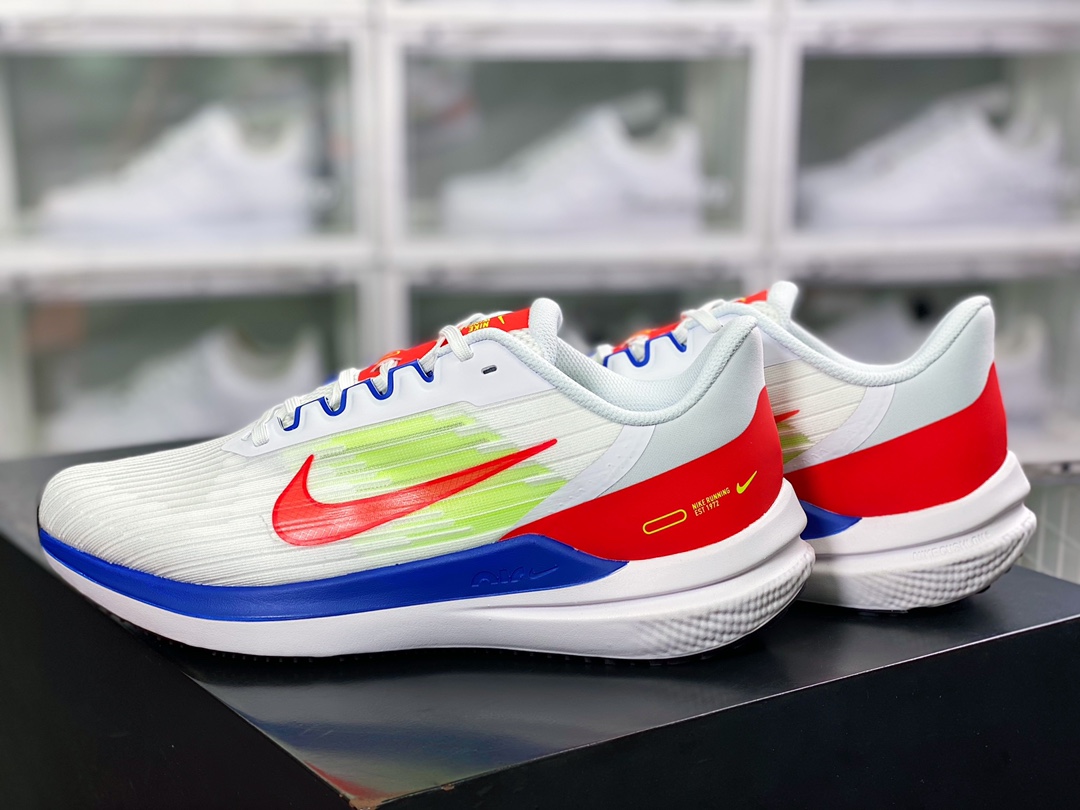 200 Air Winflo 9 温弗洛9代低帮贾卡面料轻盈透气休闲运动跑步鞋“网织白宝蓝荧光绿桃红”DX3355-100