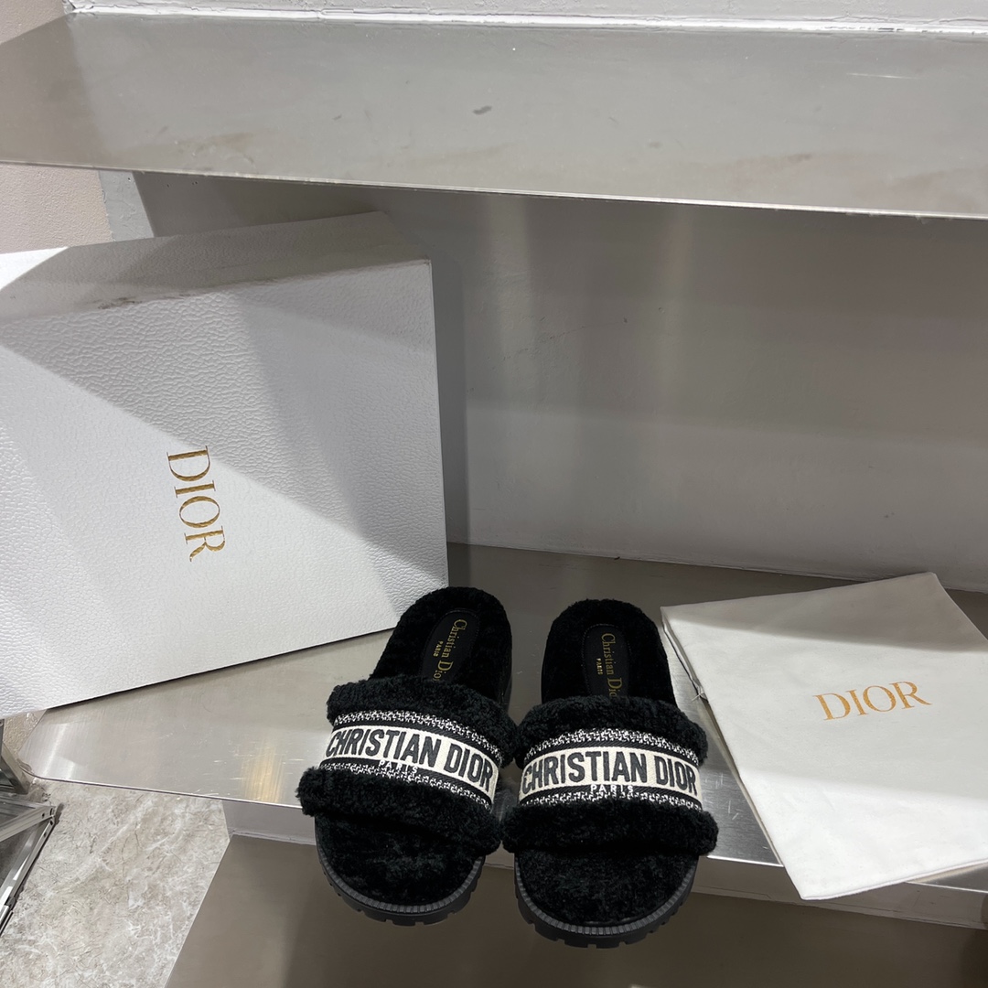 Dior Shoes Slippers Embroidery Cotton Lambswool TPU Fall/Winter Collection