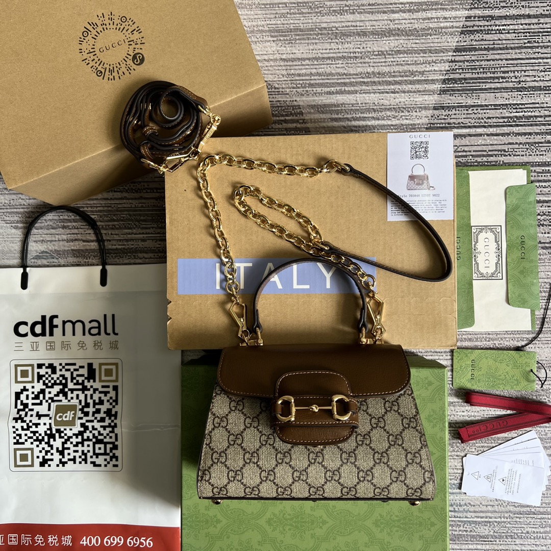 GUCCI 1955 迷你肩背包 PVC 織帶 復古古銅五金