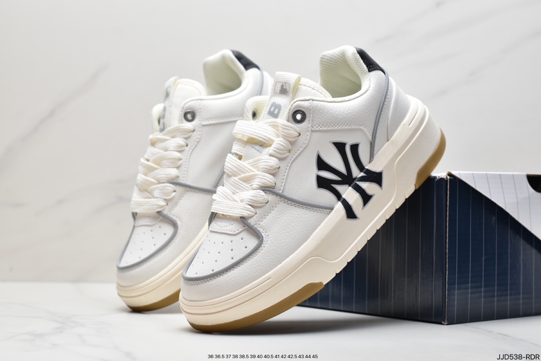 MLB Chunky Liner New York Yankees senior shoes series low-top daddy style light weight increase thick bottom all-match casual sports jogging shoes ”leather white black NY print” 3ASXCA12N-50WHS