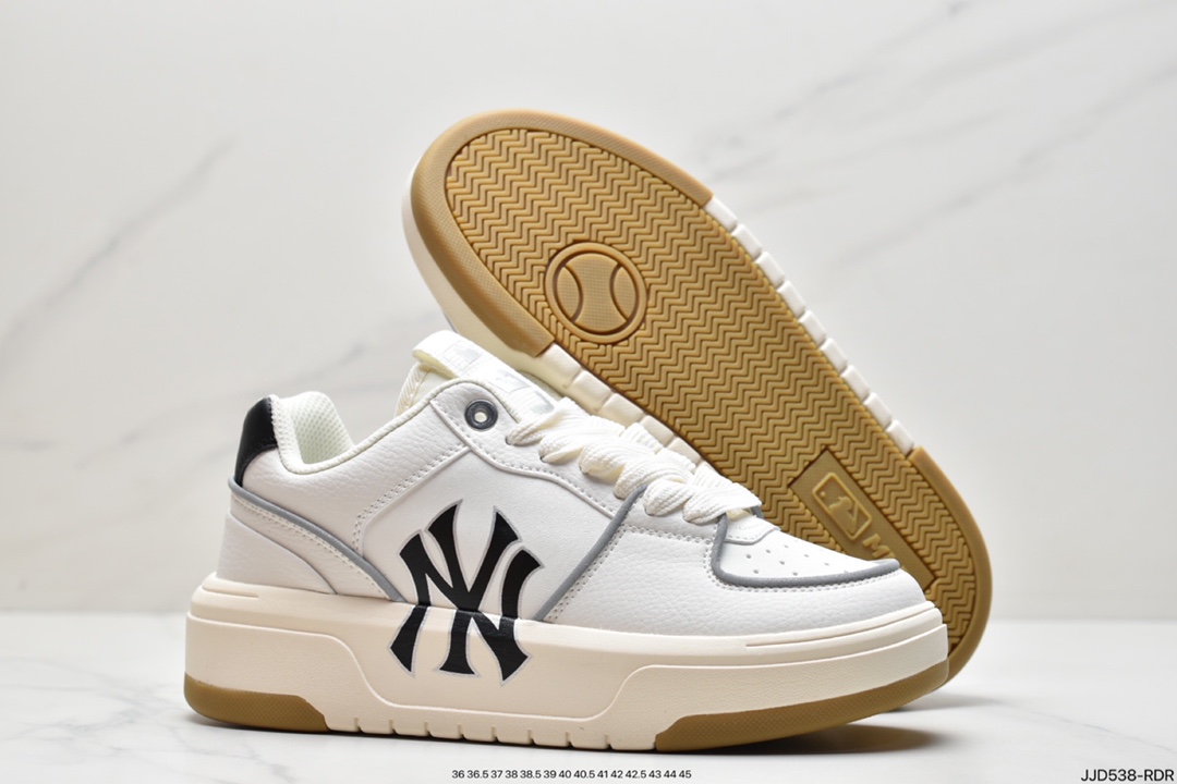 MLB Chunky Liner New York Yankees senior shoes series low-top daddy style light weight increase thick bottom all-match casual sports jogging shoes ”leather white black NY print” 3ASXCA12N-50WHS