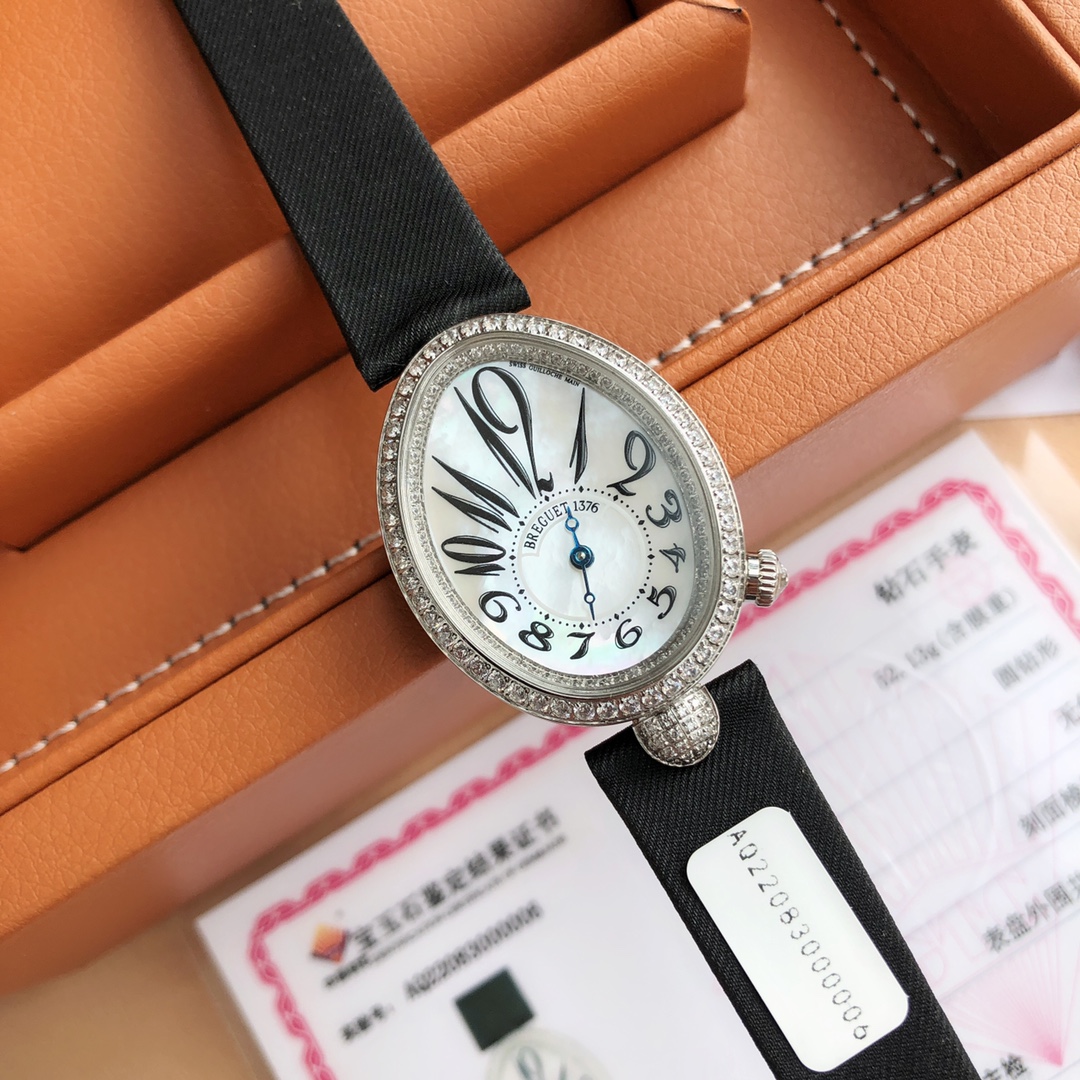 NO:384208,(The latest upgraded version is equipped with the most authoritative red certificate. This industry insider recognizes that one certificate must be issued by one form) The Queen of Breguet Naples is making a strong appearance. The quality of the counter!  After two years, combined with high-tech and electronic data, and after many subtle modifications and testing, it finally reached the level of the strongest copy watch, providing benefits to female friends. The oval case, the outer edge of the case is decorated with coin patterns, the overall use of 316 stainless steel, and the imported cowhide strap (a crocodile leather strap is given) is equipped with imported fully automatic mechanical movement!  The bezel is set with multiple brilliant-cut real diamonds, the crown is set with a multi-section pear-shaped diamond, transparent sapphire glass mirror, the back cover is made of high-tech electronic laser technology, engraved with digital encoding (full digital shape and strong three-dimensional sense) is 36.5 X 28.45 mm, the waterproof 30-meter dial is Tahitian natural white mother-of-pearl, with guillotine engraving, with an eccentric scale ring at 6 o'clock, Breguet Arabic numerals, classic baked blue steel Breguet pointer, equipped with an automatic winding mechanical movement, the belt is imported cowhide, and a pair of crocodile leather strap is given, with a full luster, paired with Breguet original folding buckle, and inlaid with multiple brilliant-cut diamonds!  Please identify the exclusive quality, breguet, cowhide, crocodile skin19860909批（最新升级版配最有权威机构的红色证书这个行内人士公认,必须一表才能出一证）宝玑那不勒斯皇后强势登场. 专柜品质！历时两年,结合高新科技和电子数据,经过多次精微修改和测试,终于达到最强副本腕表的水平,为广大女性朋友提供福利.鹅卵形表壳,表壳外缘饰有钱币纹,整体采用316精钢,进口牛皮表带（赠送一条鳄鱼皮表带）搭载进口全自动机械机芯！表圈镶有多颗明亮式切割真钻,表冠处镶有一颗多切面梨形钻石,透明蓝宝石玻璃镜面,后盖采用高新电子激光技术,刻有数字编码（数字形状饱满,立体感强）尺寸为36.5 X 28.45毫米,防水30米表盘为大溪地天然白色珍珠母贝,采用玑镂刻花处理,偏心刻度环于6点位置,采用宝玑阿拉伯数字时符,经典的烤蓝钢宝玑指针,搭载自动上链机械机芯,皮带采用进口牛皮表带,赠送鳄鱼皮表带一副,光泽饱满,搭配宝玑原装折叠表扣,镶嵌多颗明亮式切割钻石！请认准独家品质,,breguet,cowhide,crocodile skin,Watch