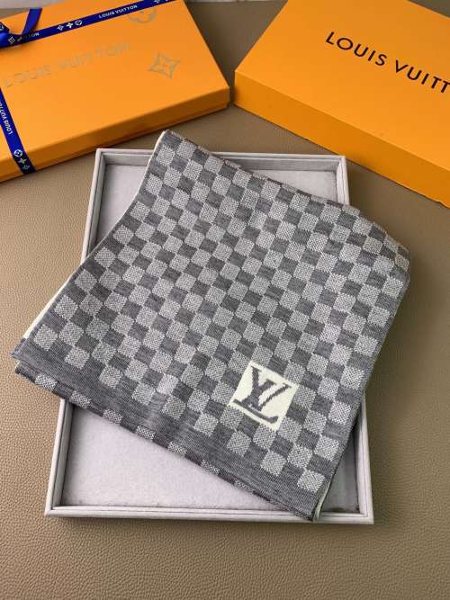 Louis Vuitton Men's Wool Scarf Gray Checkered Pattern - 30cm x 180cm 1 Louis Vuitton Men's Wool Scarf Gray Checkered Pattern - 30cm x 180cm