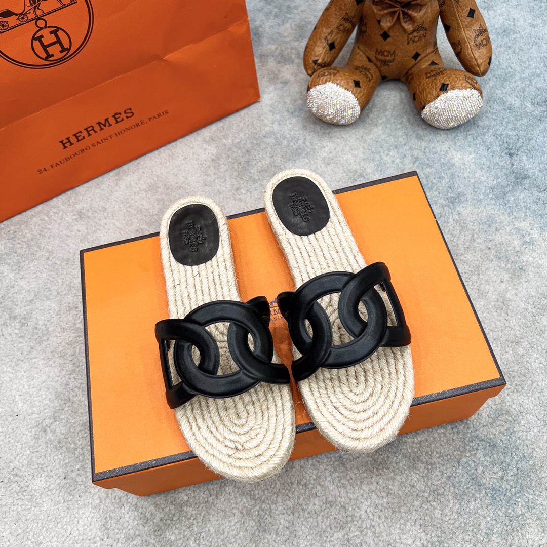 Hermes Shoes Espadrilles Sewing Calfskin Cowhide Genuine Leather Sheepskin Straw Woven Chains