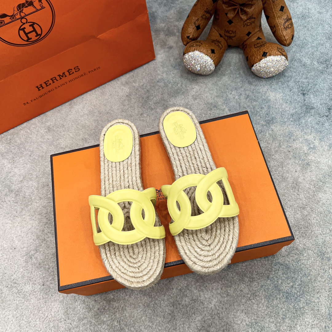 Hermes Shoes Espadrilles Sewing Calfskin Cowhide Genuine Leather Sheepskin Straw Woven Chains