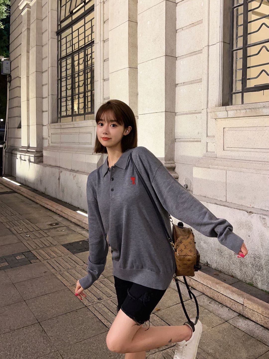 Ami22Fw embroidered caring long-sleeved knitted Polo shirt upper body effect