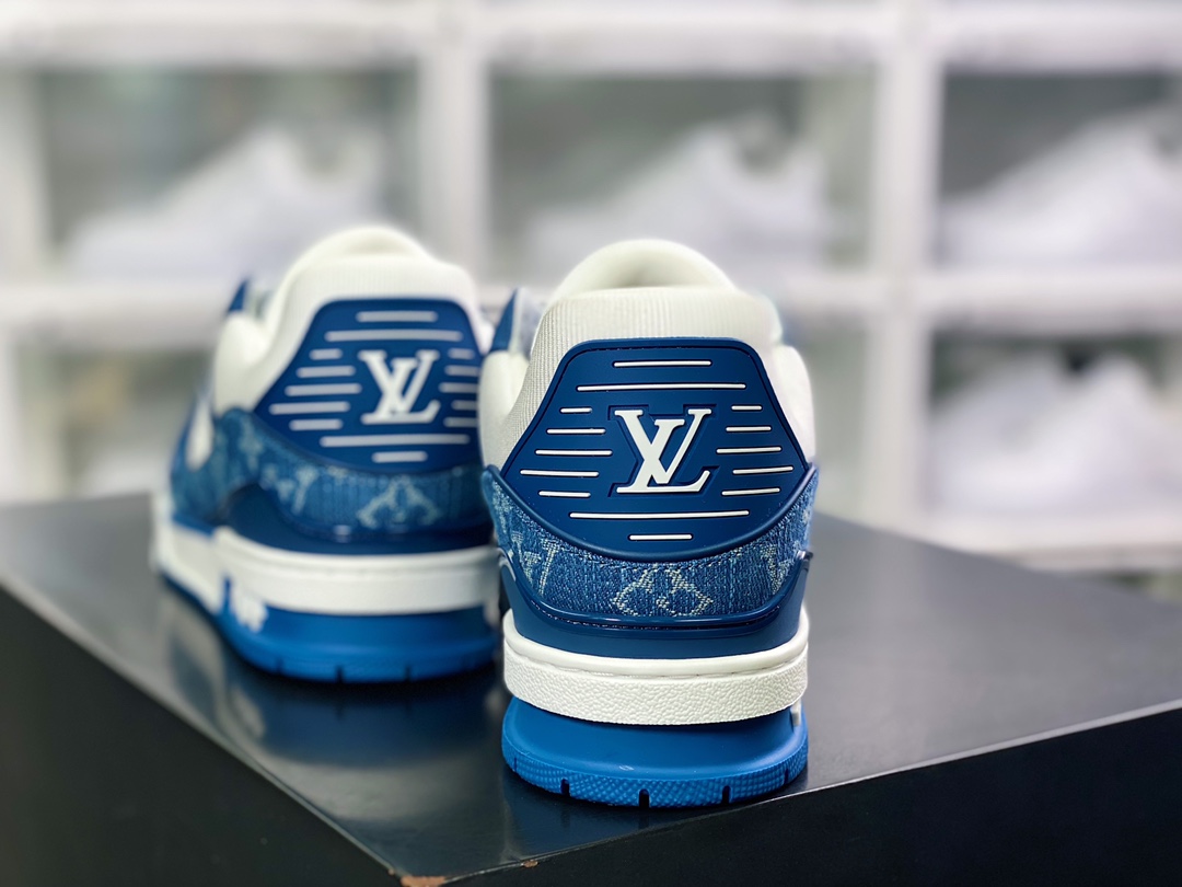 LV Louis Vuitton Louis Vuitton Trainer Sneaker Low Low Top Retro Casual Sneakers ”Leather White Dark Blue Denim LV Jacquard” 1A9JGR