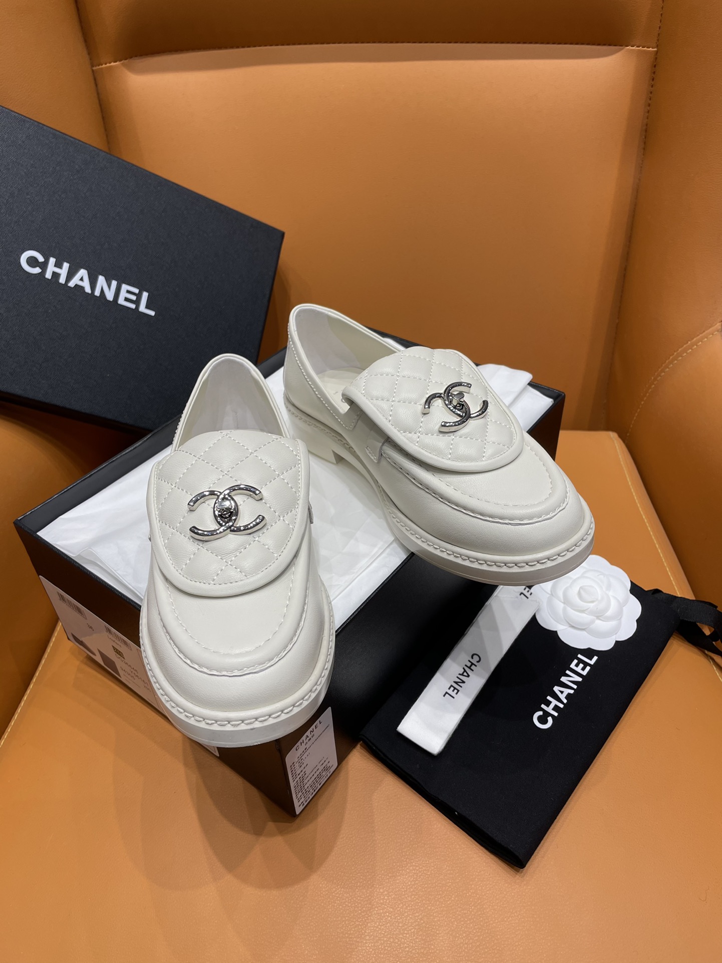 Chanel Shoes Loafers Black Grey White Embroidery Genuine Leather Lambskin Sheepskin Vintage