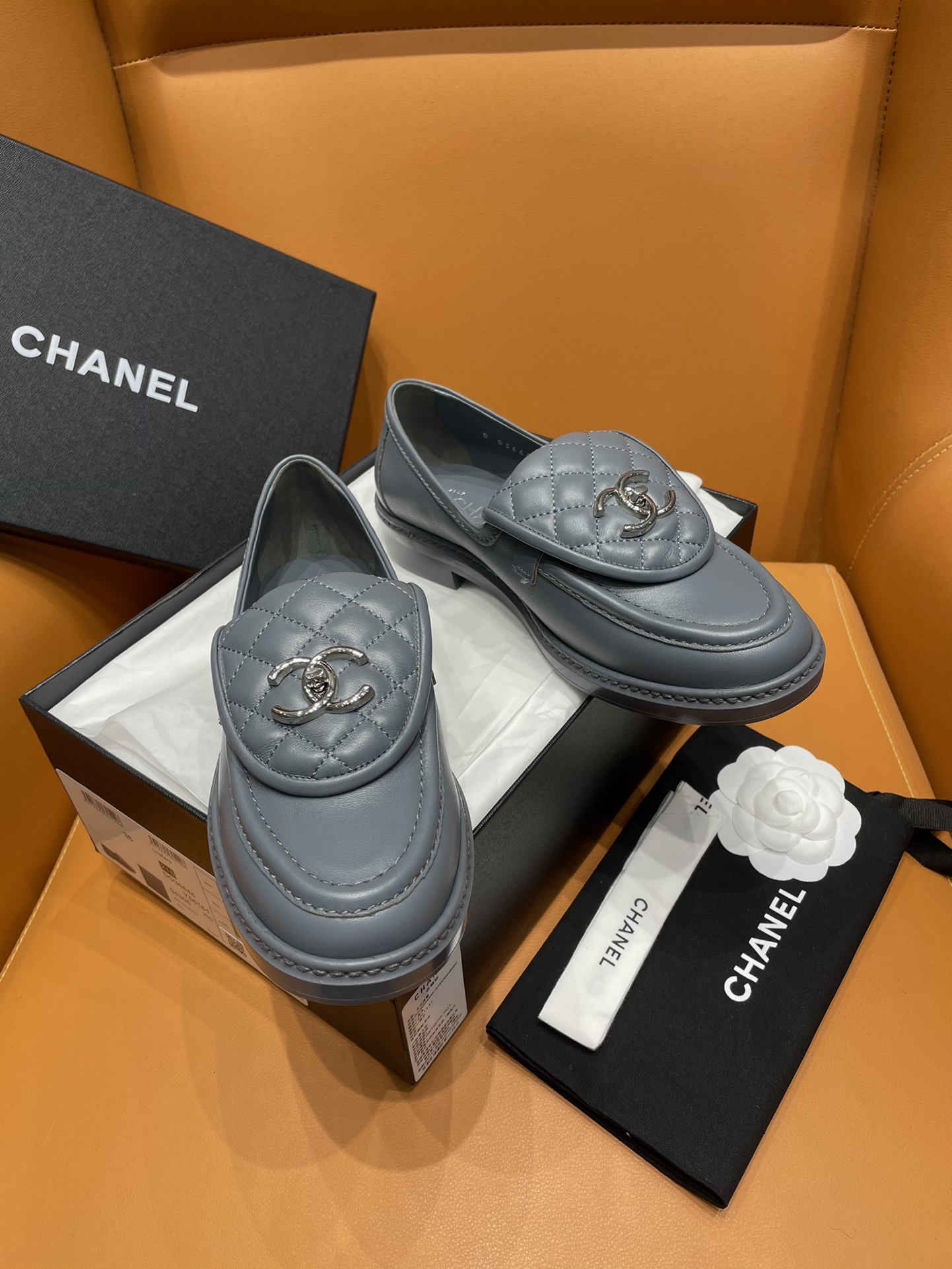 Chanel Shoes Loafers Black Grey White Embroidery Genuine Leather Lambskin Sheepskin Vintage