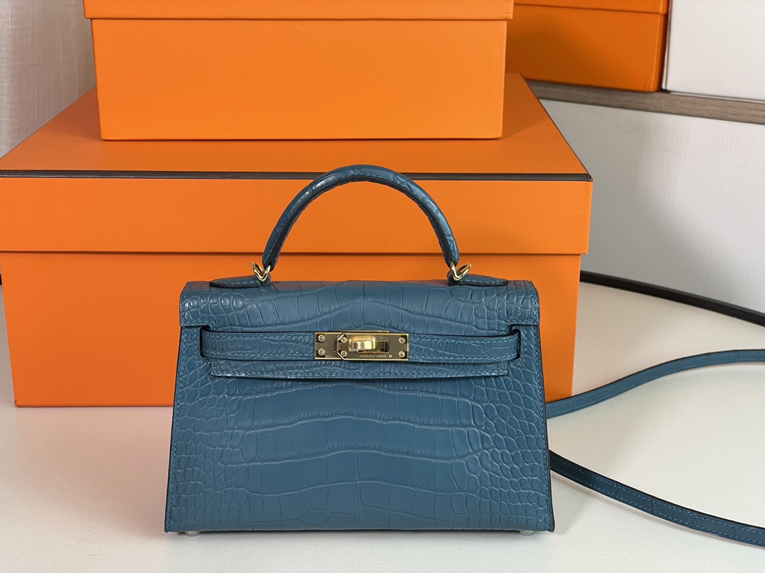 Hermes Kelly Handbags Crossbody & Shoulder Bags Blue Crocodile Leather Mini