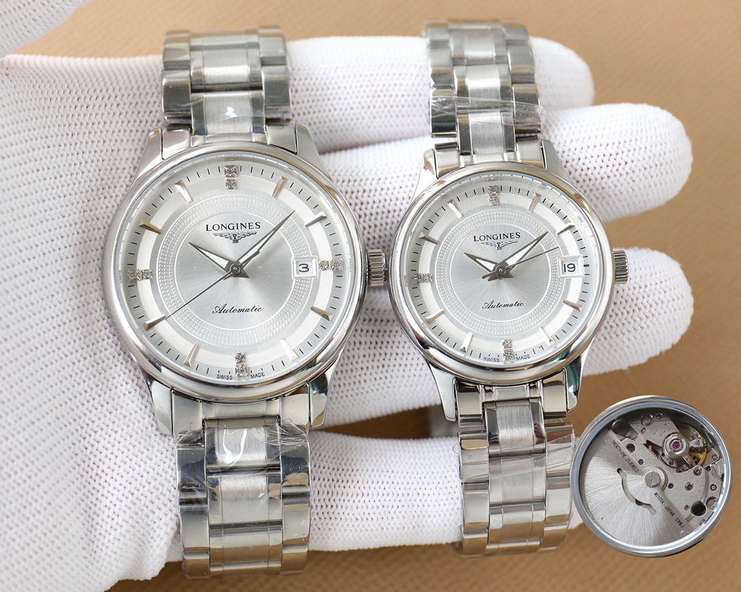 💰550 品牌：浪琴情侣对表 类型：[酷]男士腕表 表壳：316精钢 表带：进口小牛皮/316精钢(两种可选) 机芯：西铁城8215全自动机械机芯 玻璃：进口水晶玻璃 尺寸：男装40mm，女装30mm