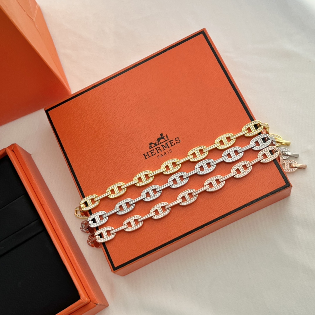 Hermes Jewelry Bracelet Gold Platinum Rose Yellow Set With Diamonds 925 Silver