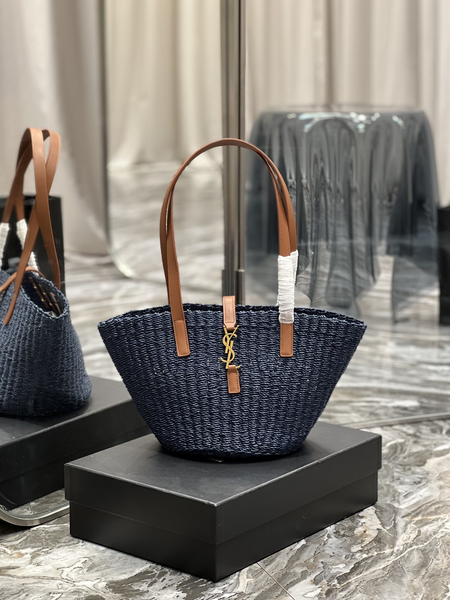 Yves Saint Laurent Handbags Tote Bags Black Weave Raffia Straw Woven