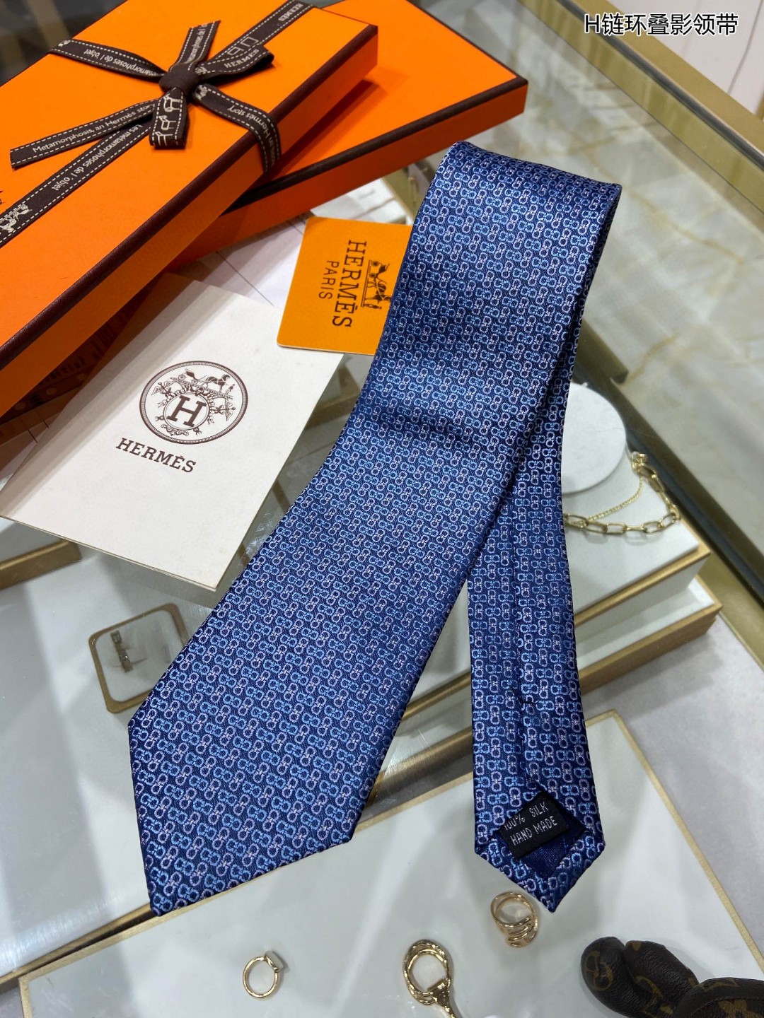 Hermes爱马仕100%顶级斜纹真丝H连环叠影领带