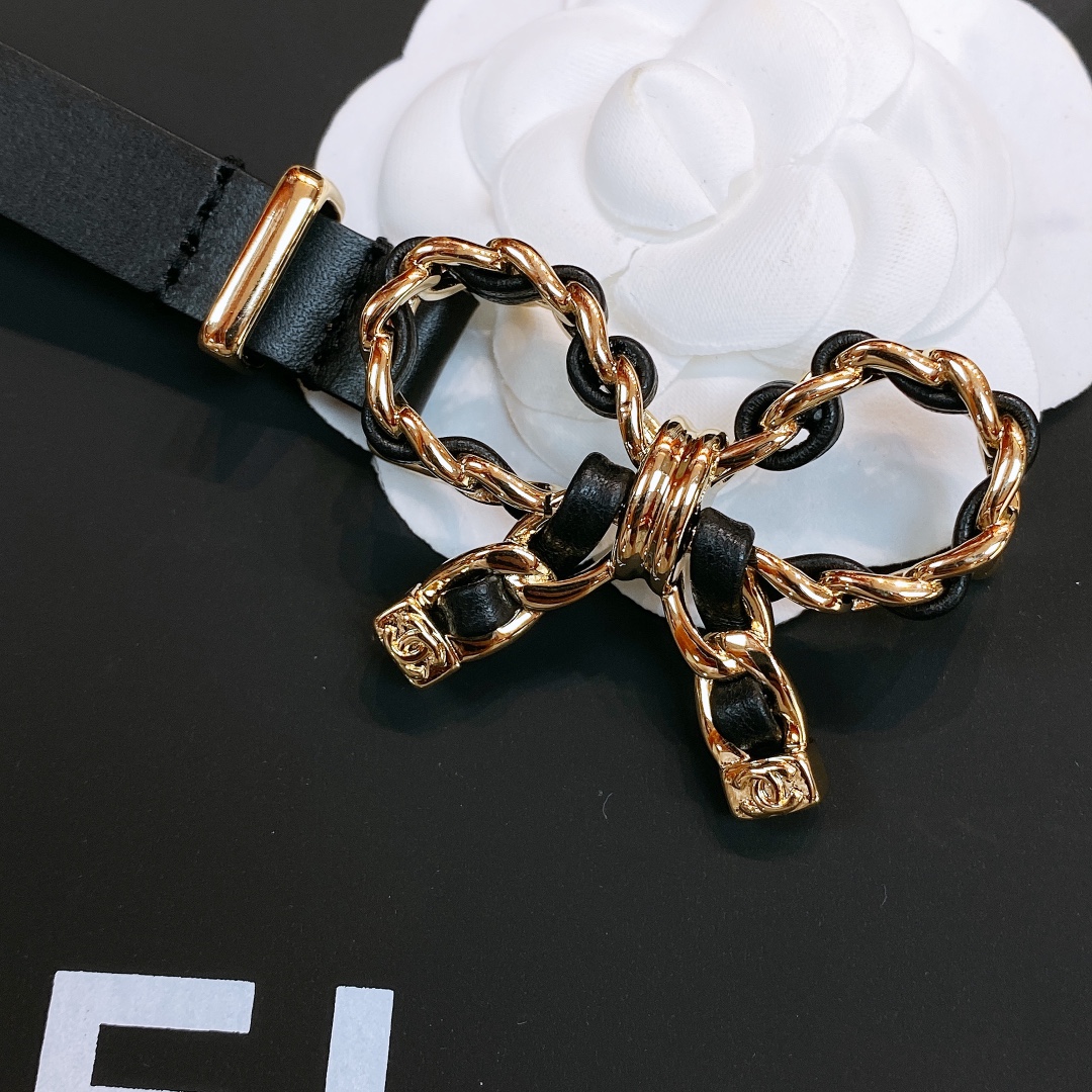 chanel春夏新款仙女蝴蝶结小牛皮与金色金属精致细腻光滑优雅1.5cm精品码数95