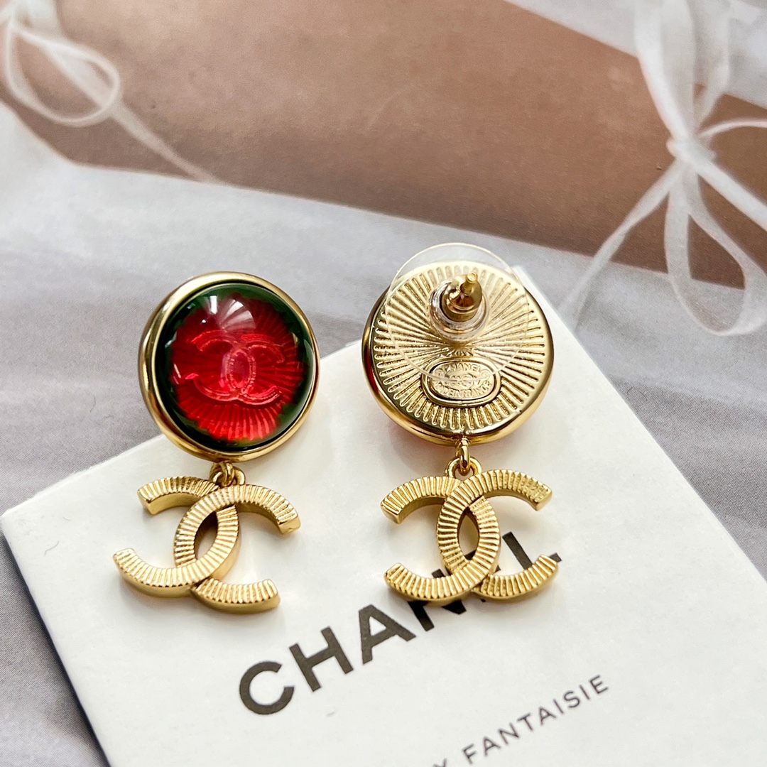 新款☑️CHANEL香奈儿c2红色猫眼双c耳钉耳环