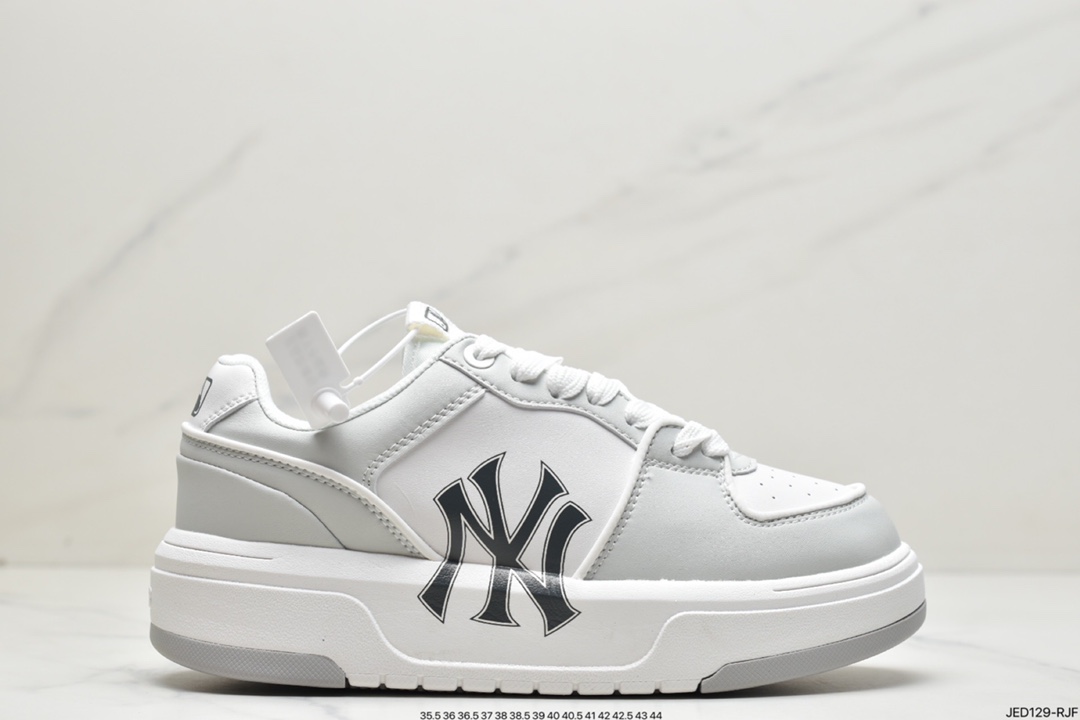 150  MLB Chunky Liner New York Yankees学长鞋系列低帮老爹风轻量增高厚底百搭休闲运动慢跑鞋“皮革白黑NY印花”3ASXCA12N-50WHS