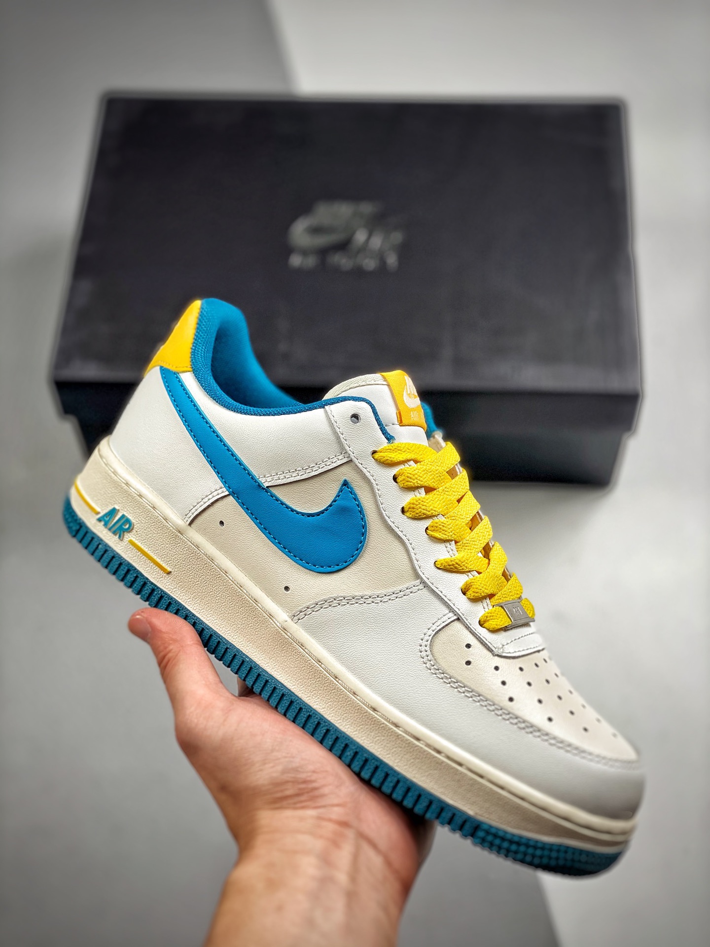 Núcleo 4 Nike Air Force 1 07 Blanco Azul Amarillo Air Force 1 Low Casual Skate Shoes Cuero Personalizado Impresión 3D d…