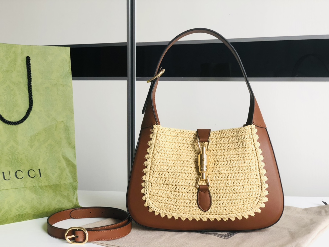 GUCCI Jackie 1961 саламянае пляценне падпахавая сумка з доўгім рамянём лёгкая і зручная стрыманая і модная — топ-якасць