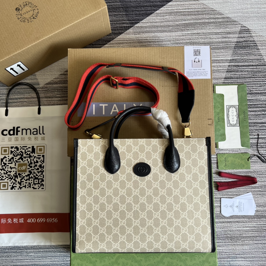 GUCCI 互扣式雙G 小號托特包 GG Supreme帆布 藍色皮革滾邊